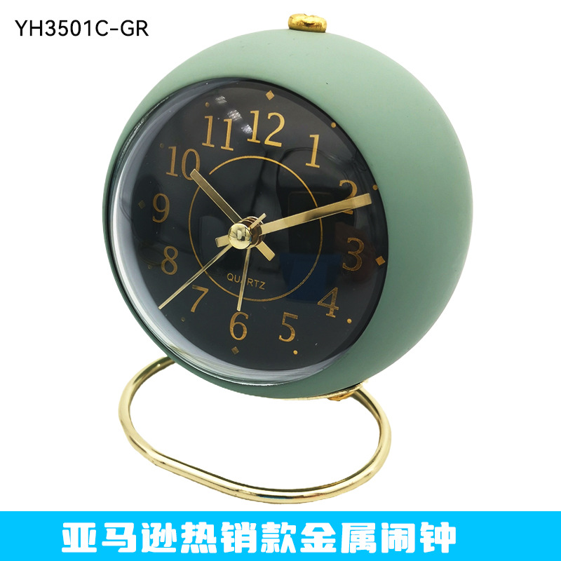 Convex glass ring base metal clock bedside alarm clock New quartz clock mute with night light
