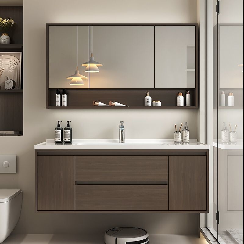 Medieval Style Walnut Solid Wood Ceramic Integrated Basin Bathroom Cabinet Set Washbasin Sink