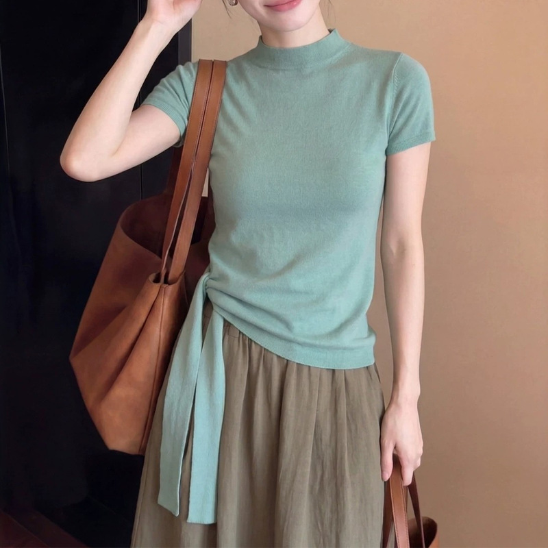 Áo thun nữ cổ tròn tay ngắn dệt kim ren cổ đứng phong cách Hàn Quốc — màu đen, bạc hà xanh chi tiết 5