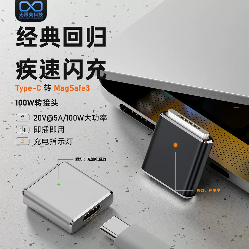 新款type-c转magsafe 3代磁吸转接头 支持PD100w充电适用MacBook