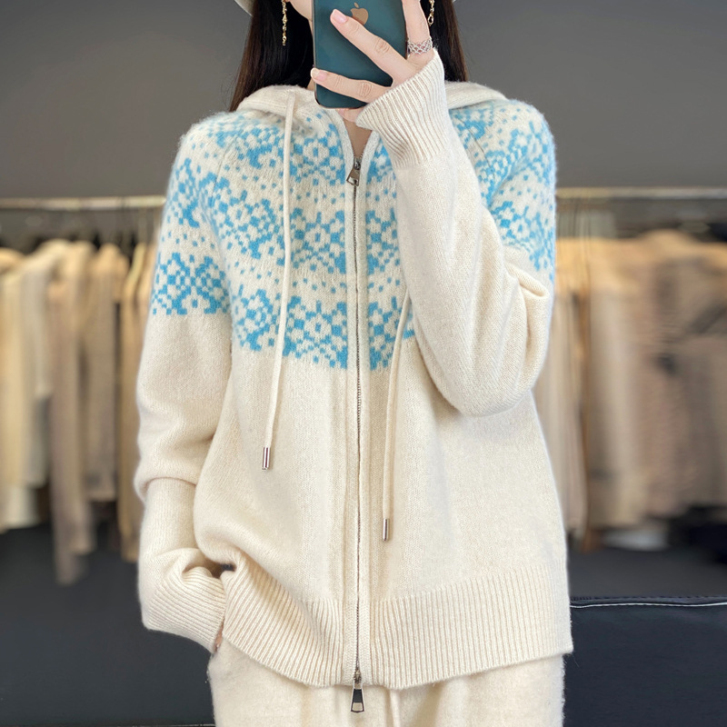 连帽拉链纯羊毛针织开衫女2025新款秋冬费尔岛女装毛衣外套上衣|undefined
