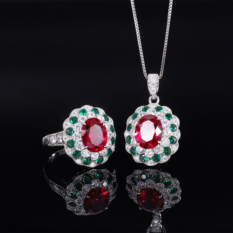 Zhuang Sheng joyería nueva S925 todo el cuerpo de plata de la vendimia de color a juego simulación paloma rojo sangre tesoro joyería traje de piedra principal 8*10