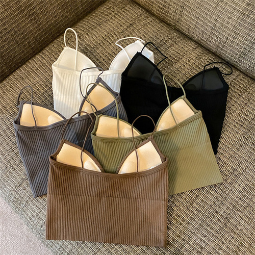 Cross-border Korean version spaghetti strap short sleeve beauty back thread wrap vest one-piece fixed cup camisole outerwear base top shirt