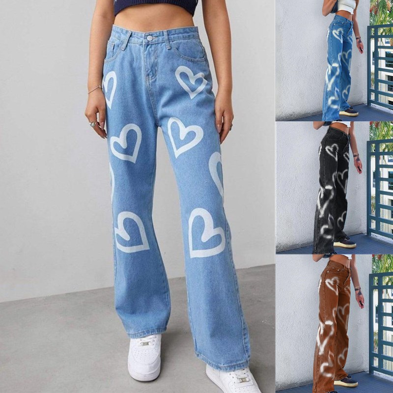 women Wide Leg Jeans Trouser heart shape...