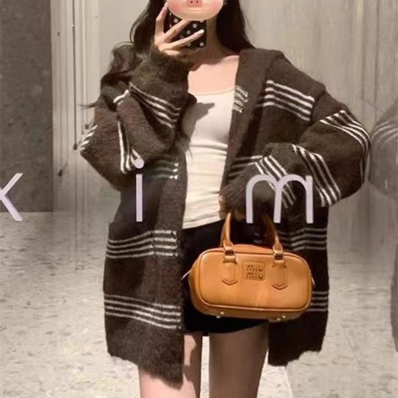 2025秋季时尚减龄宽松连帽针织开慵懒风撞色条纹长袖毛衣外套女|undefined