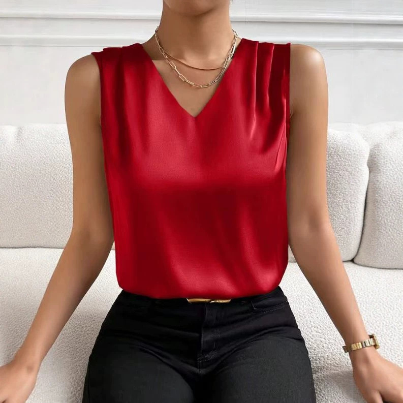 Amazon Foreign Trade In-Stock Fashion Simple Design Versatile Imitation Silk High-Elastic Solid Color Tank Top Women's Shirt