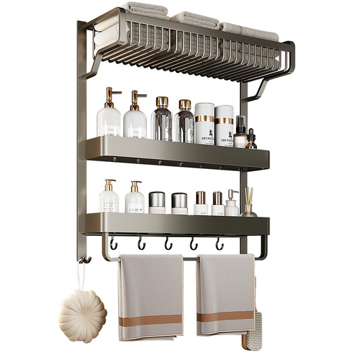 Bathroom Towel Rack Wall-Mounted Shelf Integrated Set without Drilling, Space Aluminum Bathroom Toilet Bathroom Set Towel Rack
