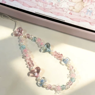 ins透明爱心蝴蝶结手机链女款手工串珠手腕绳挂件手机壳防丢吊绳