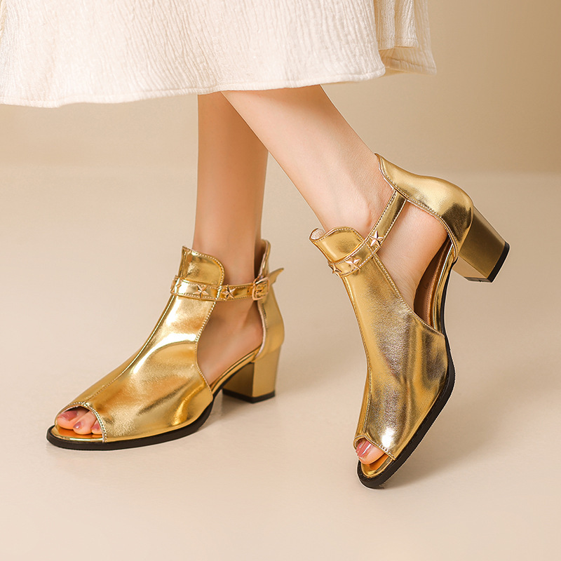 Large Size 40-48 Small Size Sandals Women's Thick Heel High Heel 5cm Women's Shoes 2025 Summer Fish Mouth Shoes Sandals Women's Export