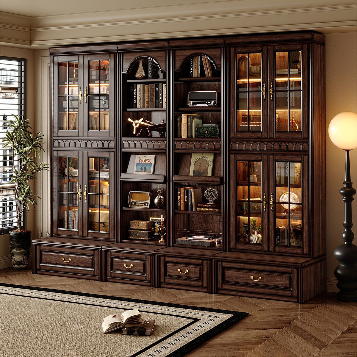 Black Walnut Living Room Bookcase Integrated Wall Combination Bookcase Retro Card Holder Full Wall to Top Storage Cabinet Display Cabinet