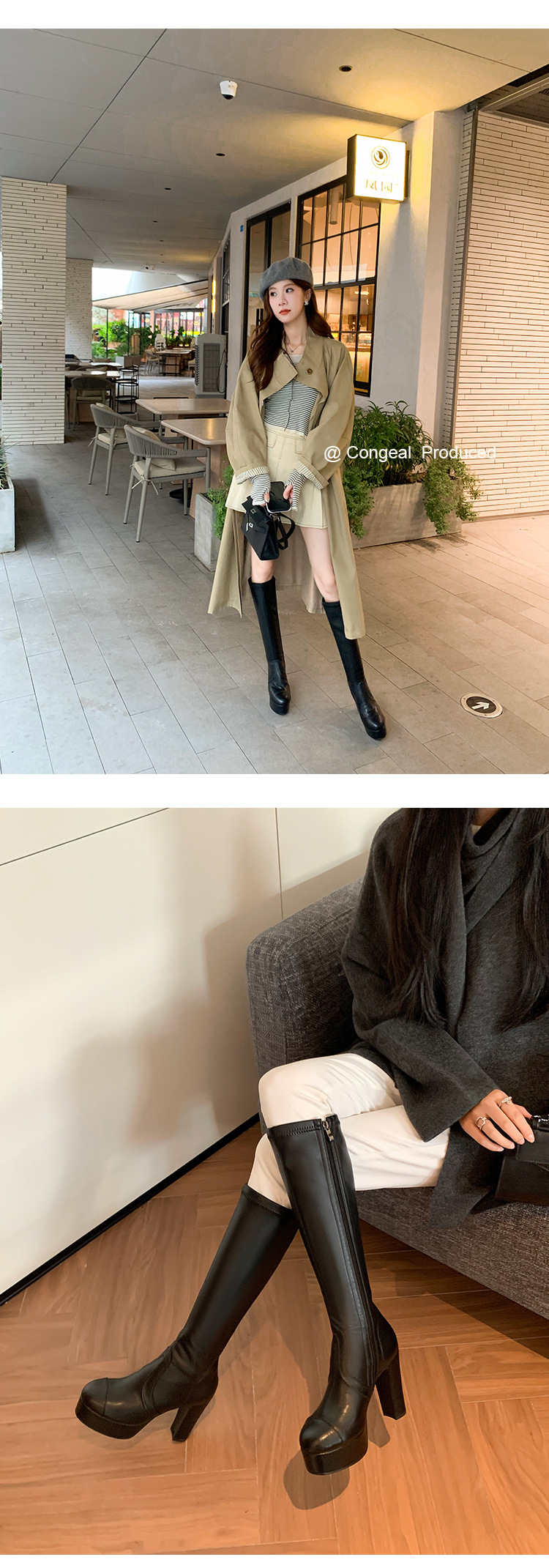 Boot nữ cổ cao ôm bắp chân gót 11cm đế platform mũi tròn — Quả mơ ống nhỏ đơn li, Lớp lót nhung lớn màu đen, Lớp lót nhung ống nhỏ màu mơ, Ống nhỏ màu đen đơn li chi tiết 18