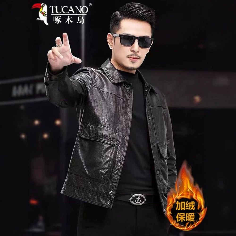 Woodpecker first-layer sheepskin genuine leather jacket for men, Haining 2026 new autumn and winter fleece-lined leather jacket