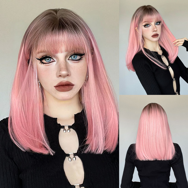 European and American Cross-Border Hot-Selling Daily Pink Wig Gradient Female Full Bangs Dyed Bobo Head Artificial High-Temperature Silk Wig