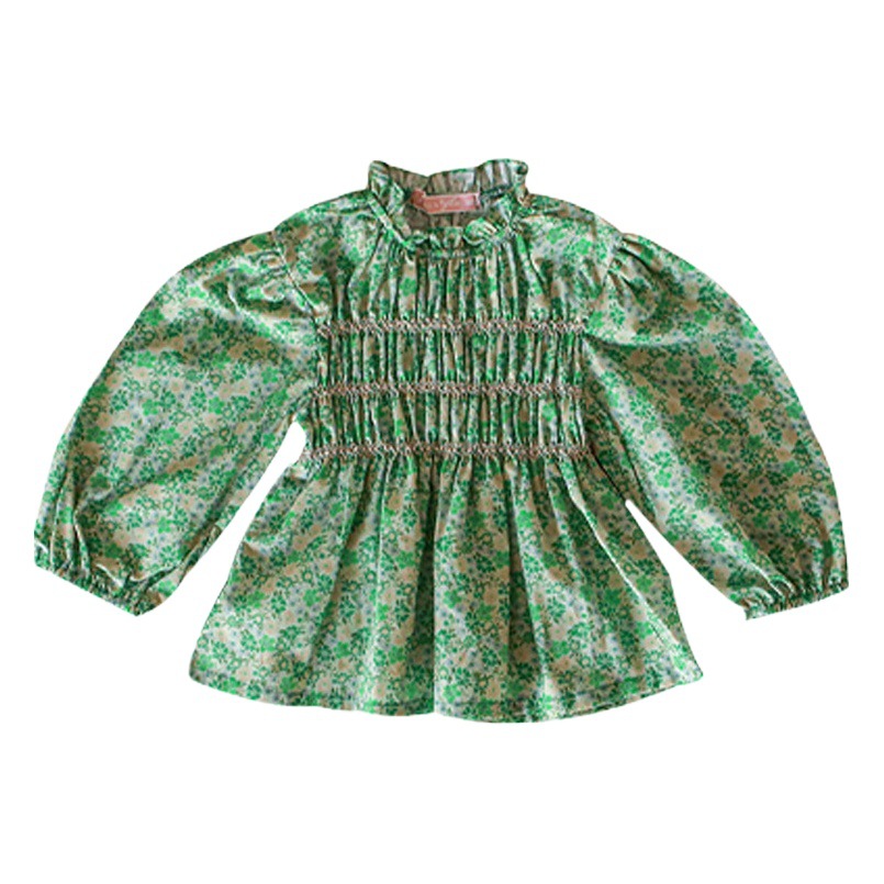 Primavera 2024 fresa Shan Corea del Sur ropa para niños camisa de manga larga plisada floral para niñas en stock