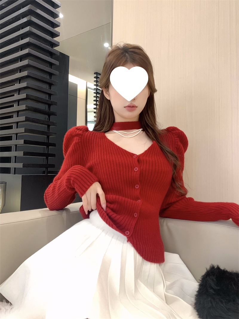 2819#法式v领长袖针织开衫女秋季气质挂脖设计感修身短款上衣毛衣