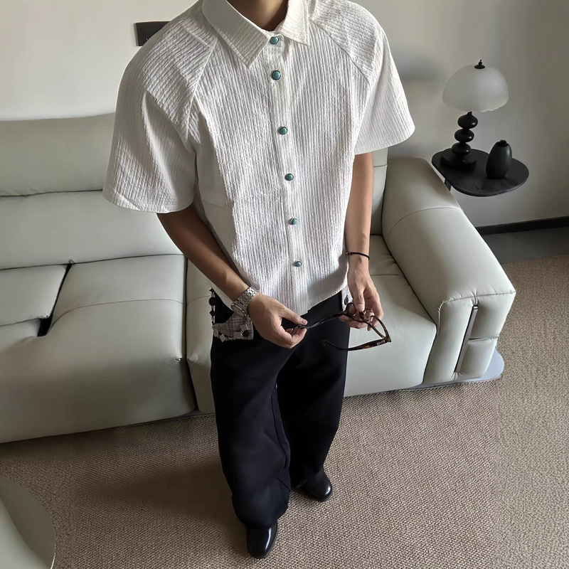 Korean "Tears of the Ocean" Short-Sleeve Shirt T-Shirt Turquoise Textured Pleated Shirt Old Money Boxy Top for Men