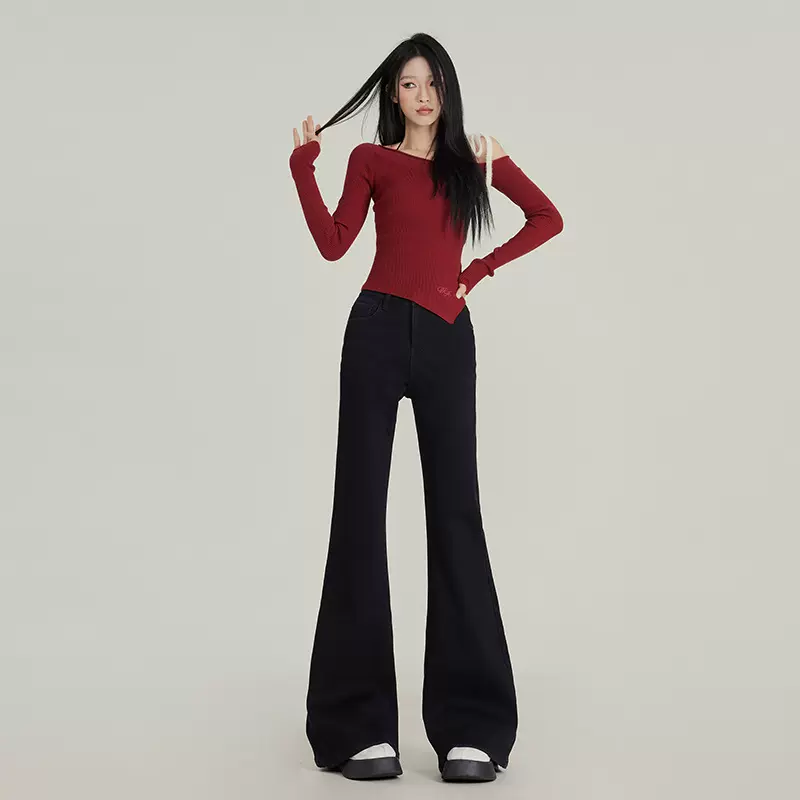 稚橘#美式复古不贴腿微喇牛仔裤女宽松显瘦垂感加绒百搭拖地长裤