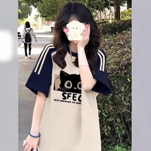 美式复古三条杠插肩短袖t恤女大童夏季初中高中学生宽松半袖上衣