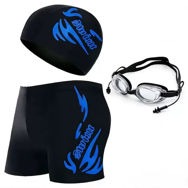 Specially designed for men, swim trunks and cap set, quick-dry, large size, printed swimwear, men's hot spring sports gear