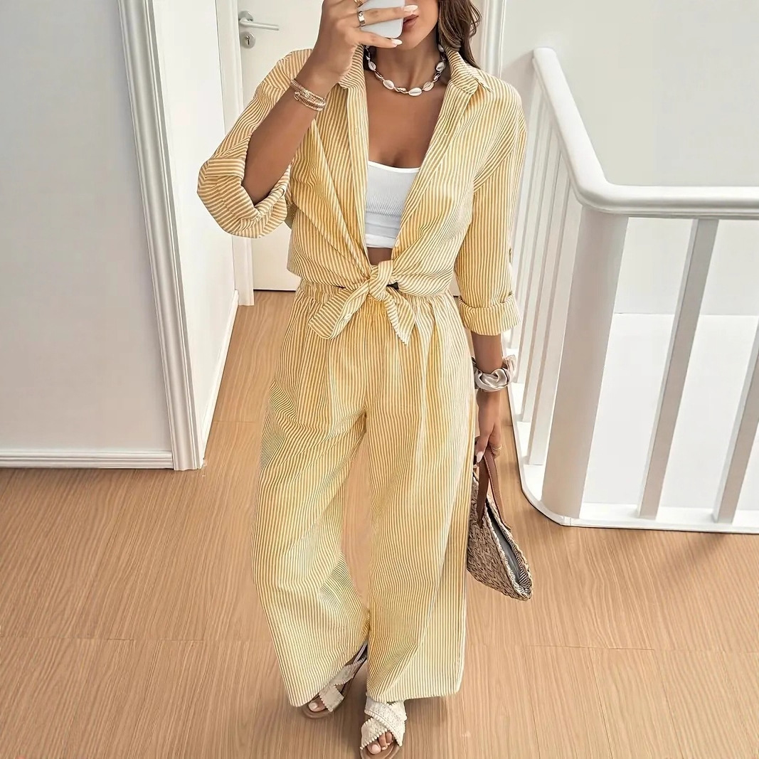 Women's Clothing Elegant Casual Striped Shirt And Straight Leg Trousers Two Piece Set_ecoleips.com