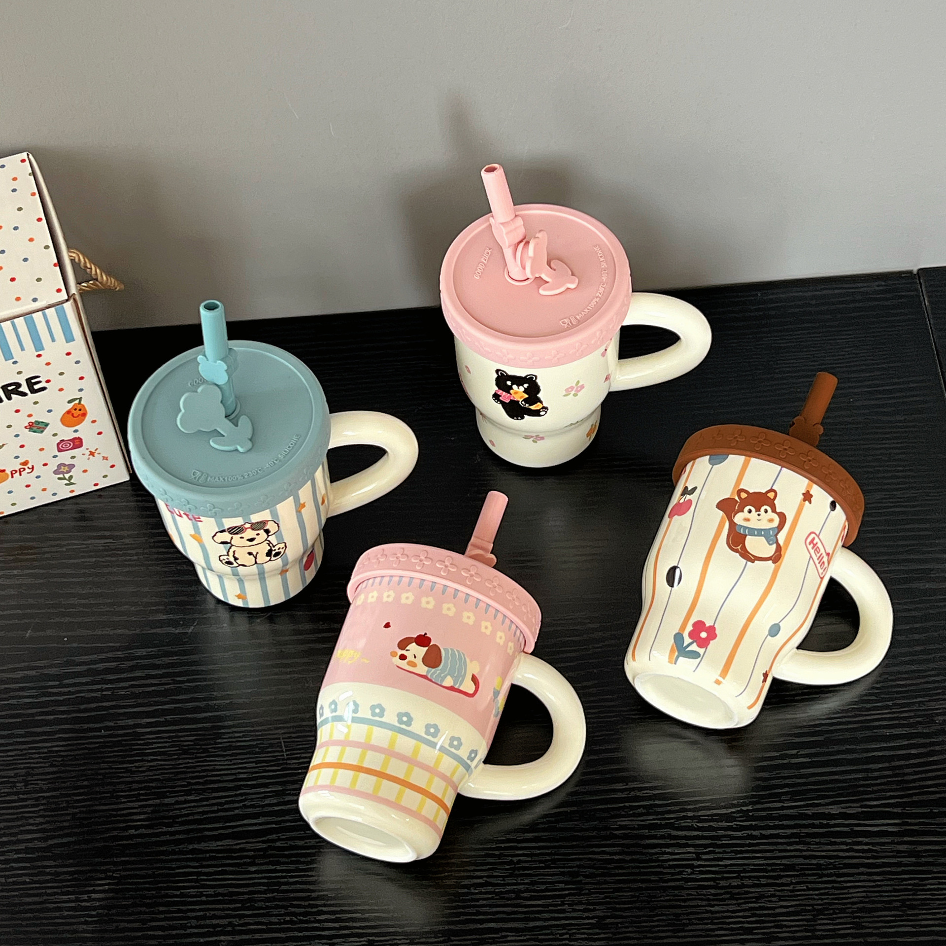 Cartoon pen, cute ceramic straw with glass, for beloved