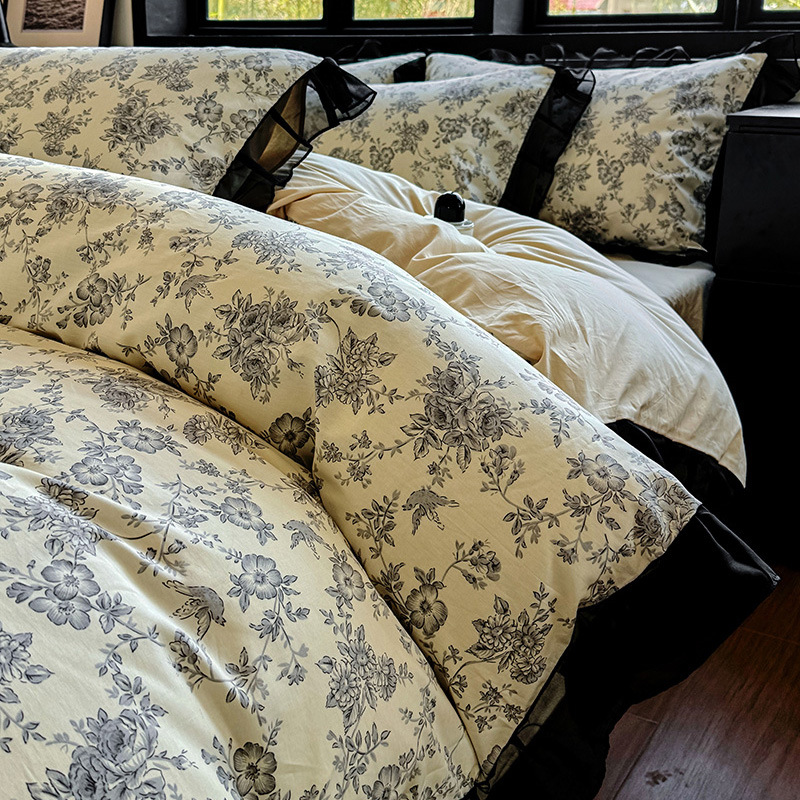 Vintage Floral Duvet Cover Set Pure Cotton Black Lace Bedding_voghion.com