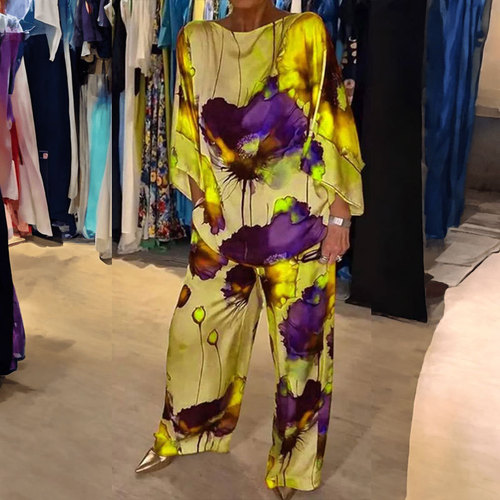 Independent station Spring European and American women's clothing temperament elegant floral bat sleeve wide-leg pants fashion set 661