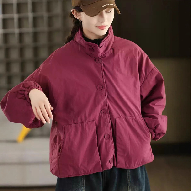 夹棉棉衣 2025冬季新款 保暖立领加厚外套女复古文艺纯色棉服8113|undefined