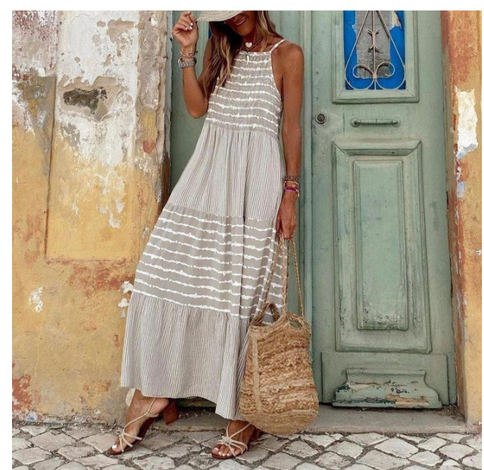 272g Weight Maxi Long Dress Dress Length Type Sleeveless Sleeve Length Swing Dress Dresses Type Wholesale Women's Streetwear Stripe Daily Beach Halter Neck Sleeveless Swing Dress