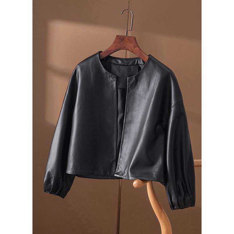 2025 New Autum Loose Slim Round Neck Lantern Sleeve Jacket Women's Pu Leather Short Leather Jacket