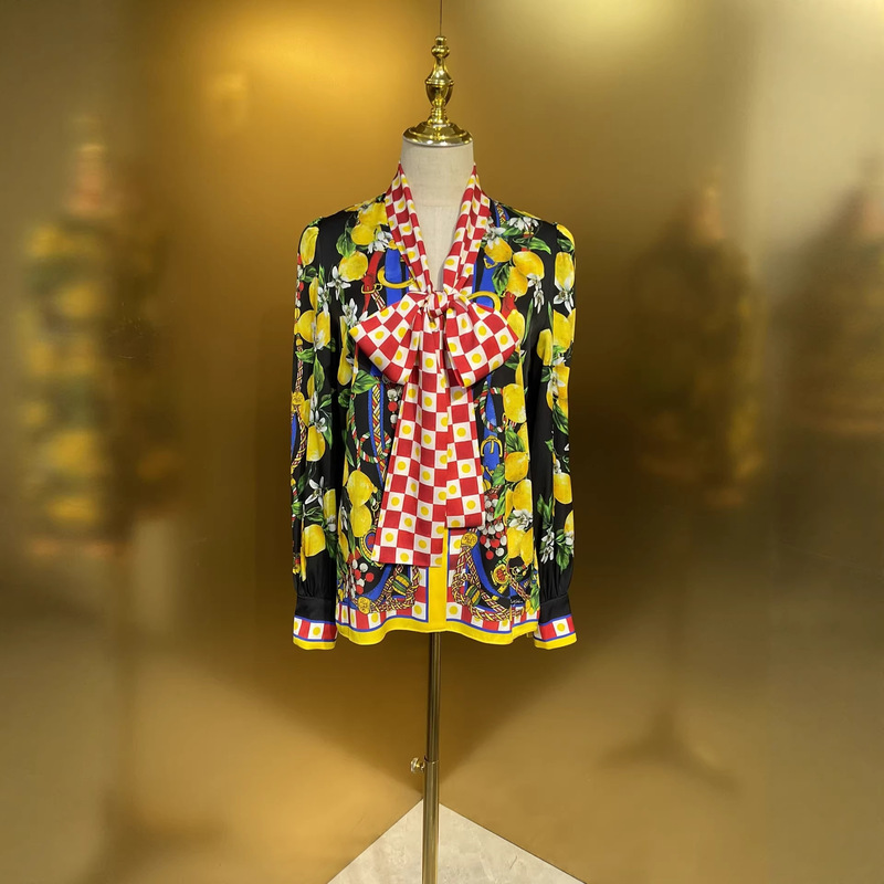 Black Background Lemon Flower 19 Momme Double Crepe Silk Long-Sleeve Ribbon Shirt 2026 Summer New Style Simple and Refreshing Casual Style Black Background Lemon Flower 19 Momme Double Crepe Silk Long-Sleeve Ribbon Shirt 2026 Summer New Style Simple and Refreshing Casual Style