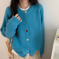 韩系彩扣圆领毛衣女2025秋季新款软糯宽松减龄慵懒风针织开衫外套