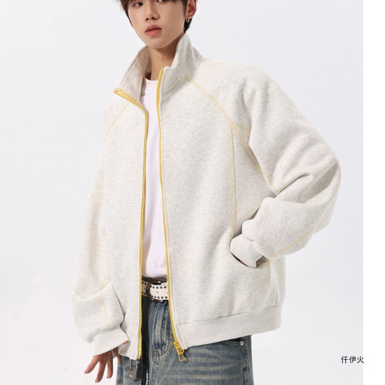 Loose-fitting, autumnal, retro-style American zip-up top with visible stitching, stand-up collar, men's casual cardigan design
