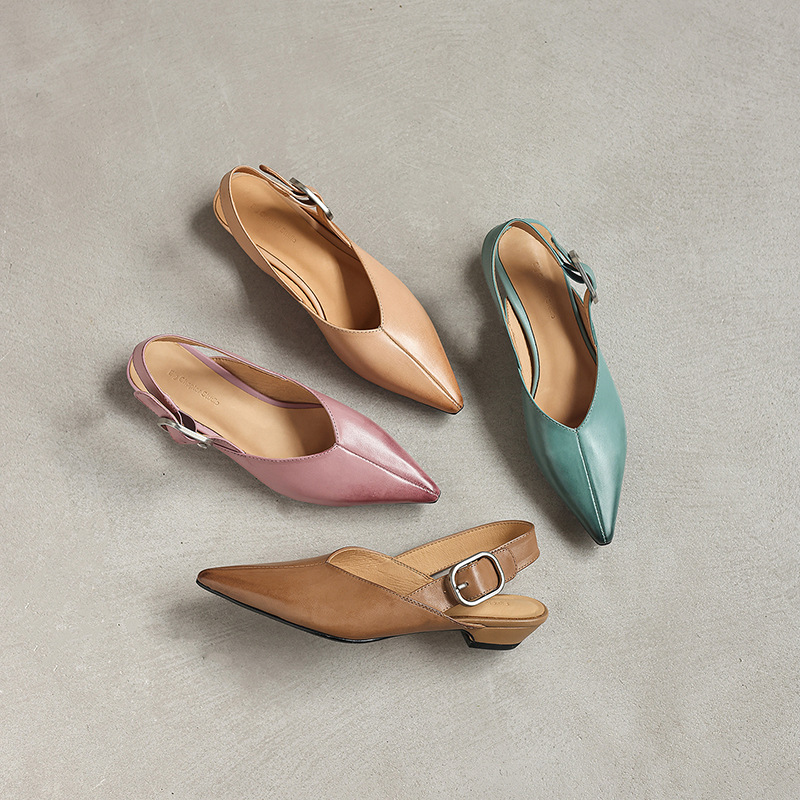 Giày sandal nữ mũi nhọn quai ngang gót thấp phong cách Hàn Quốc — màu nâu chi tiết 19
