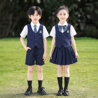 小学生学院风班服幼儿园假二件马甲毕业照儿童校服运动会表演服夏