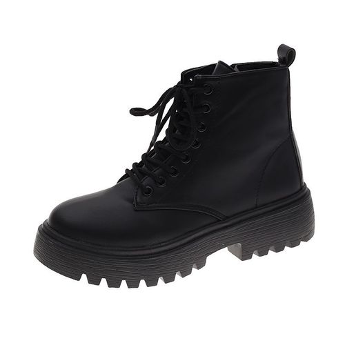 Black British-style side-zip Martin boots for women—spring and autumn, thin, versatile, breathable, retro, thick-soled, height-increasing, biker-style short boots.