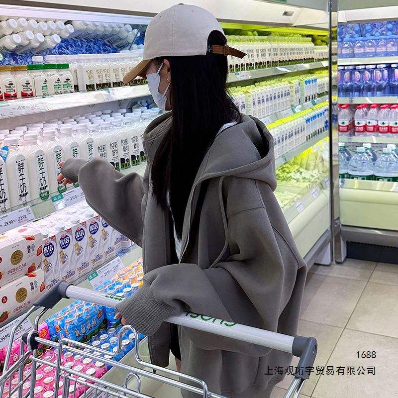 深灰色连帽长袖卫衣外套女春秋季宽松休闲风百搭拉链开衫复古上衣