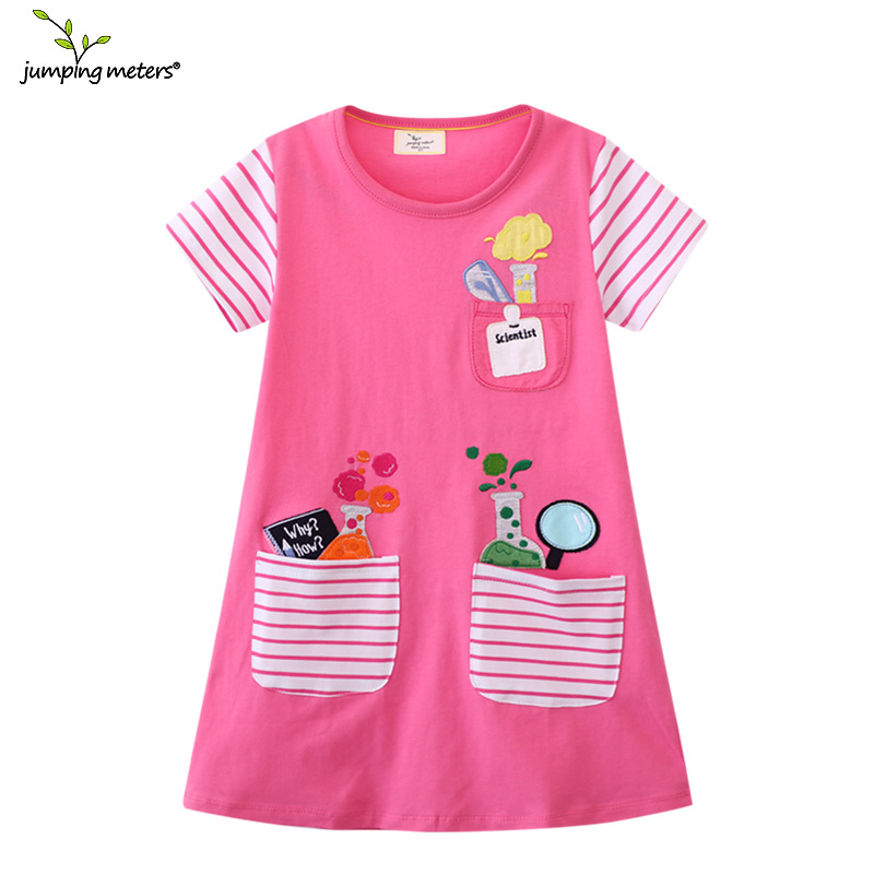 Saltos metros falda de los niños verano europeos y americanos ropa manga corta punto cuello redondo vestido la muchacha Linda