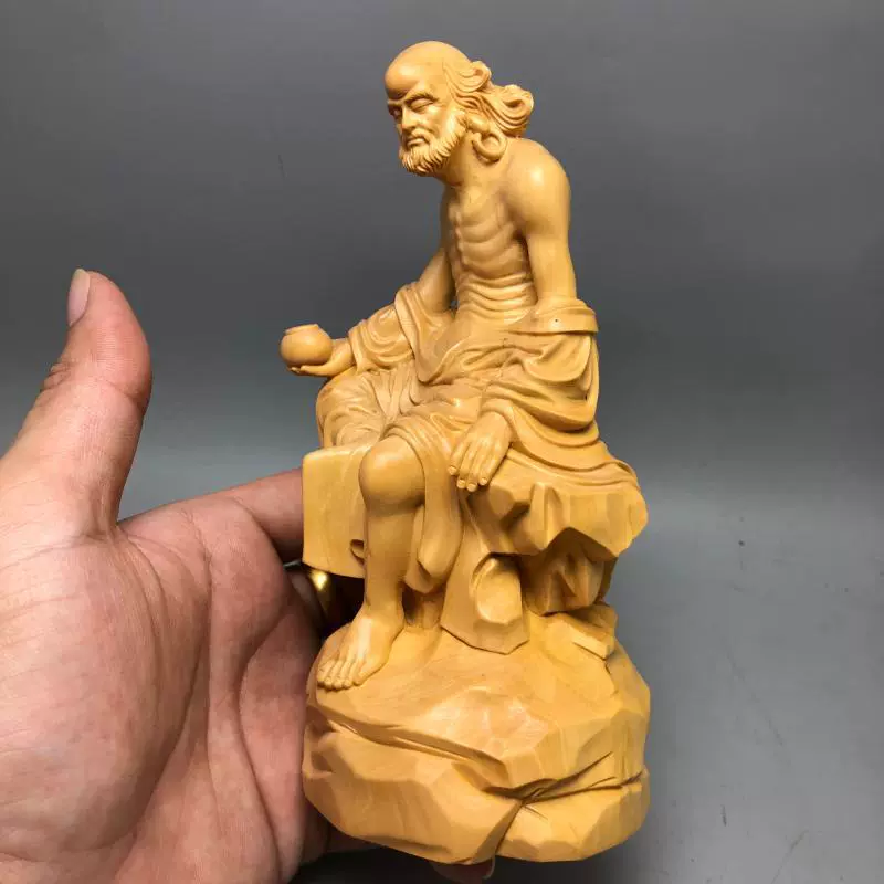 WBZ7 Small Boxwood Yew Wood Carving Zen-inspired Pot-bellied Dharmapala Arhat Buddha Statue Solid Wood Home Hallway Chinese Style