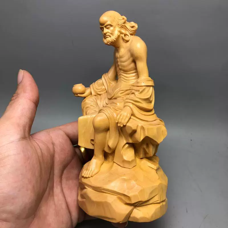 WBZ7 Small Boxwood Yew Wood Carving Zen-inspired Pot-bellied Dharmapala Arhat Buddha Statue Solid Wood Home Hallway Chinese Style