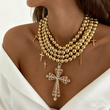 欧美跨境饰品时尚多层仿珍珠十字架吊坠项圈 ins几何形合金锁骨链