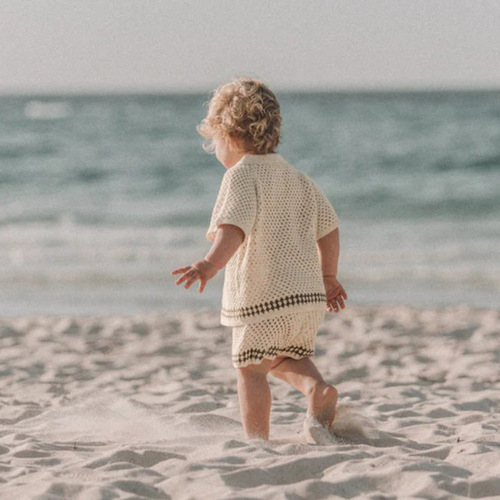 2025 Summer Baby Lace-Trimmed Collar Knit Crochet Cardigan Top + Shorts Set Baby Sweater Separate Boy