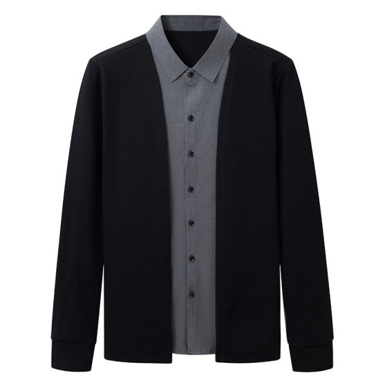 Men's High-grade Fake Two-piece Spring and Autumn Non-ironing Long-sleeved Top Base Shirt Lapel Shirt All-match T-shirt POLO Shirt