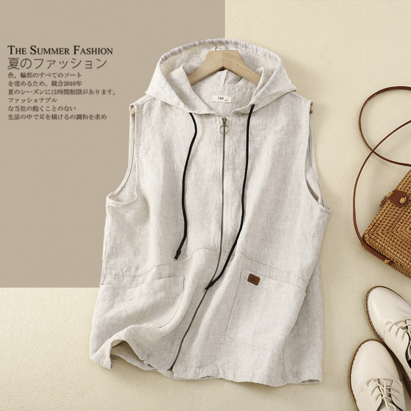 Foreign Trade Export Discount Women's Retro Hooded Vest Vest Top Drawstring Thin Waistcoat Cotton and Linen Vest Jacket