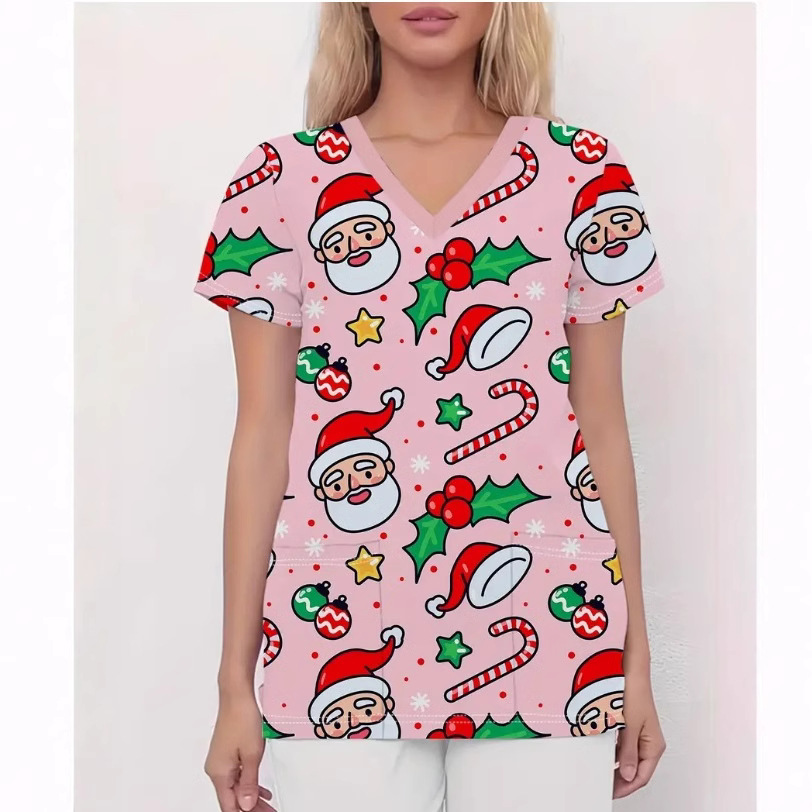 2025外贸跨境180g直贡呢V领女装短袖印花圣诞休闲女医用护士服