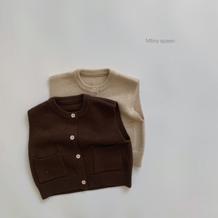 Spring New Mori Style Children's Coat Korean Style Simple Pocket Small and Medium-sized Children's Solid Color Cardigan Round Neck Non-hooded Vest
