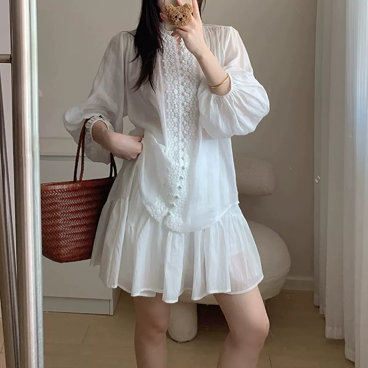 苎麻A型宽松白色立领衬衫女夏法式蕾丝拼接花边七分袖灯笼袖上衣