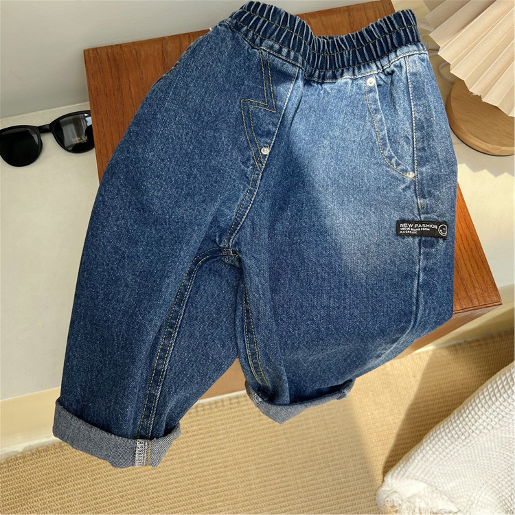 Korejske otroške oblačila, jesenske temno modre kavbojke 2024, ohlapne enobarvne očetovske priložnostne jeans hlače za fantke in deklice_voghion.com