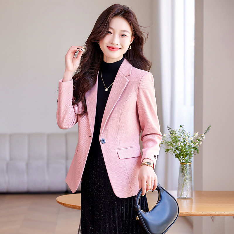 Pink Plaid Woolen Suit Jacket for Women 2025 New High-End Small Slim Fit Versatile Small Suit
