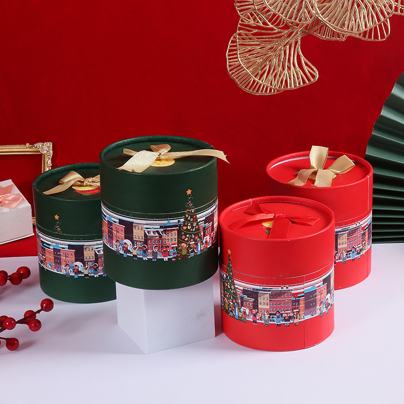 现货圣诞节礼品包装盒天地盖蝴蝶结礼盒大红色圆筒礼品盒抱抱桶